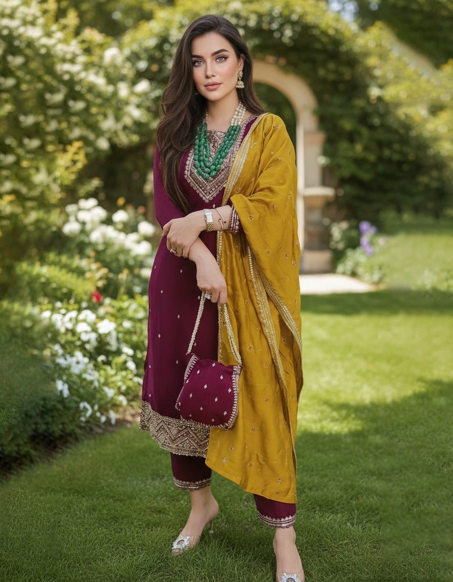 Wine Embellished Kurta Set with Mustard Dupatta