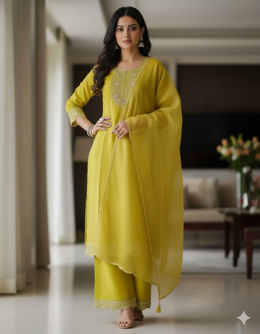 Lime Yellow Embroidered Straight Kurta Set with Du