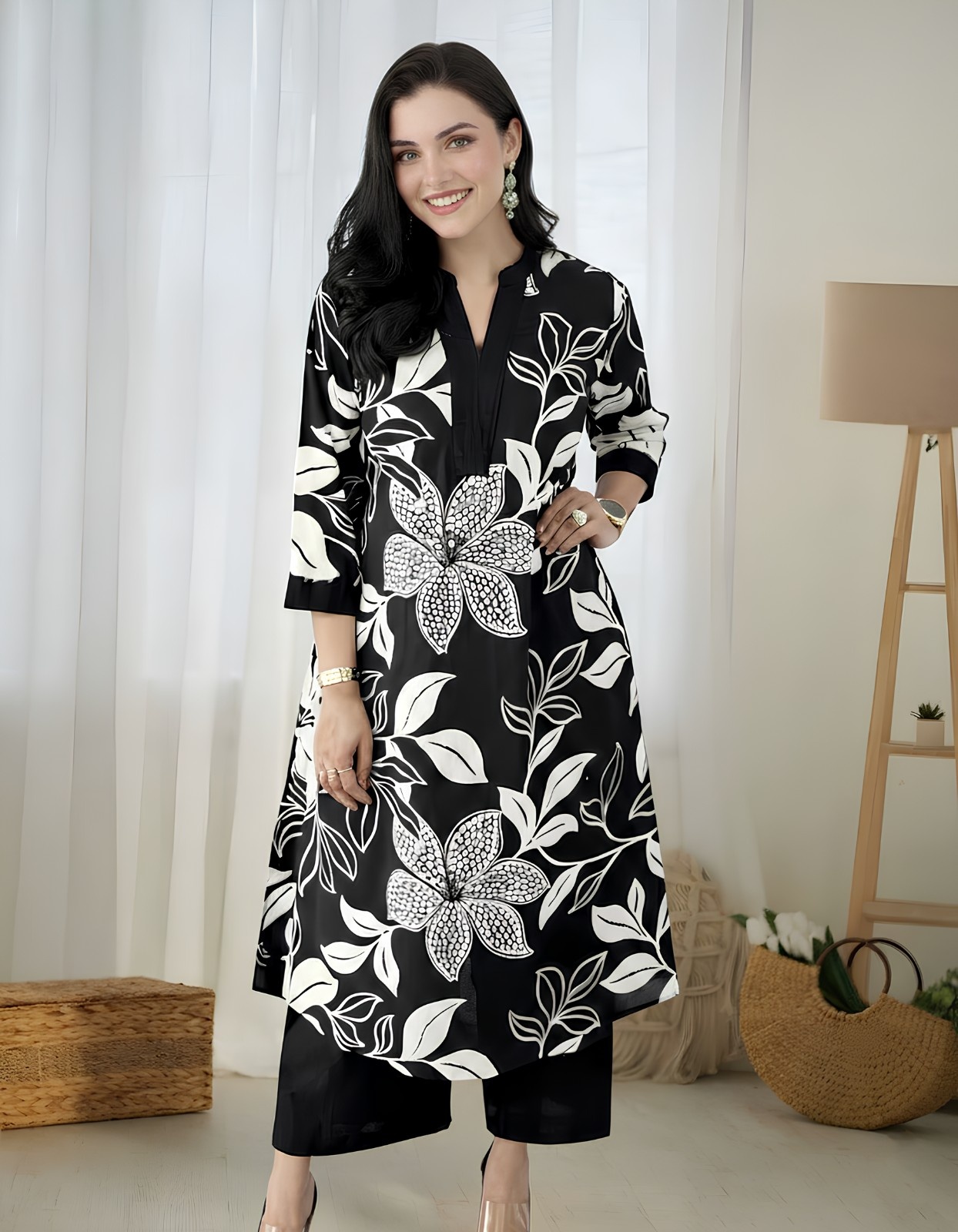 Midnight Bloom Black & White Floral Coord Set