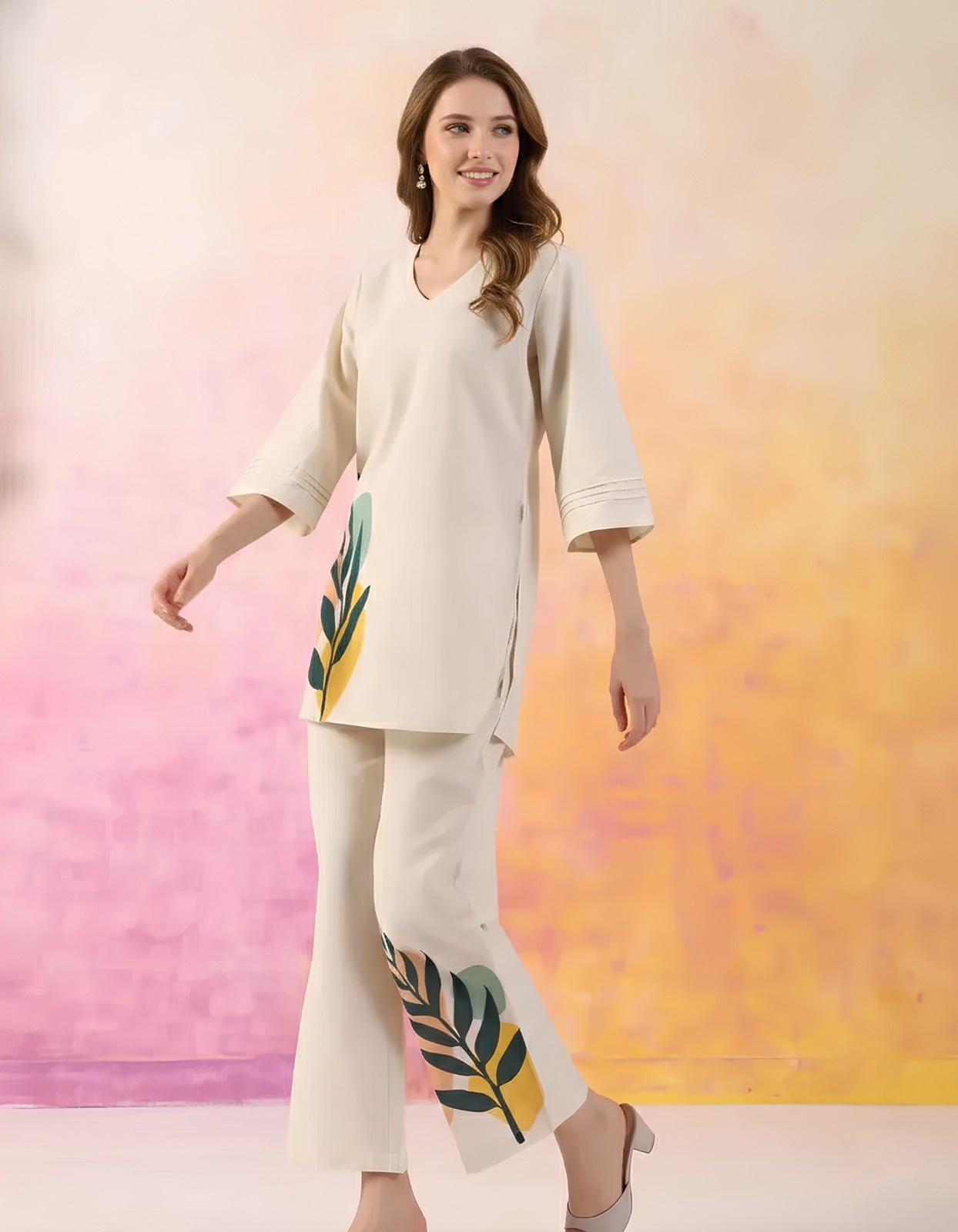 Ivory Leaf Print Coord Set