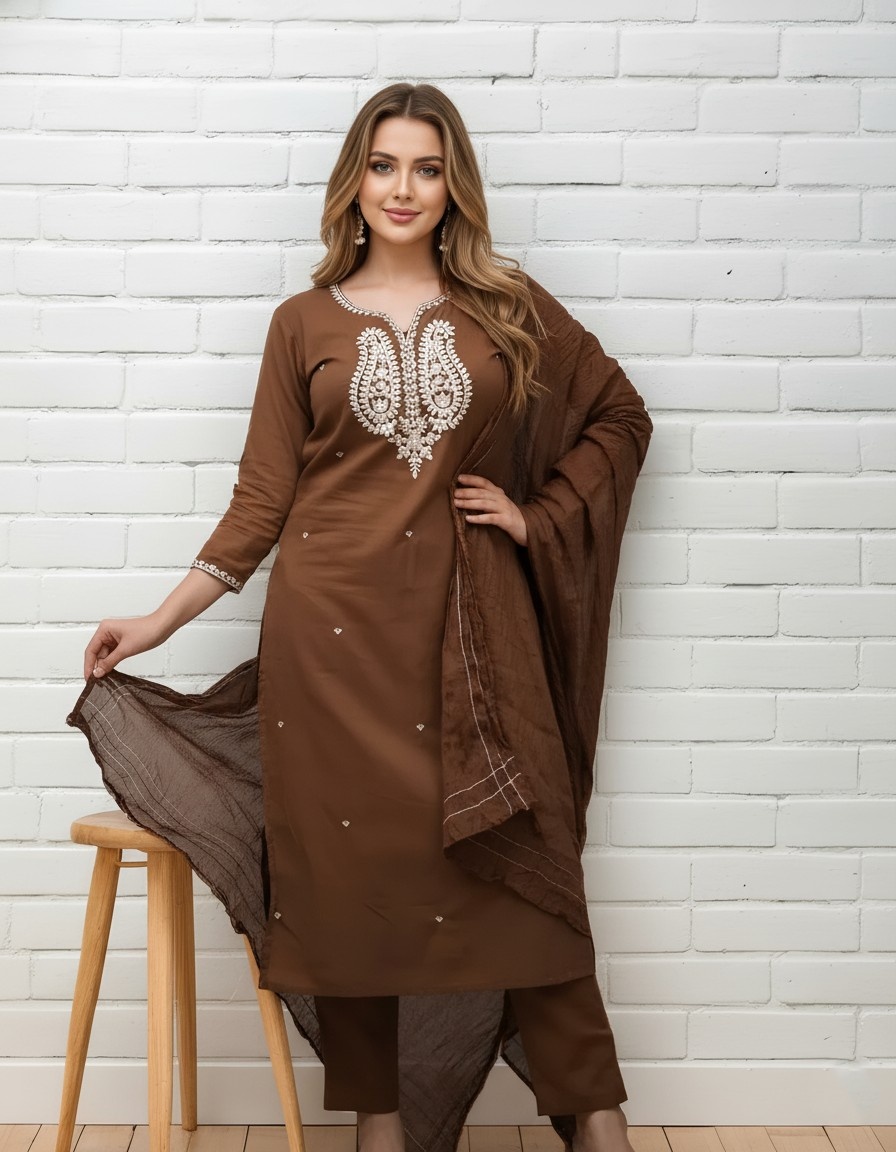 Brown Embroidered Kurta Set with Dupatta for Women