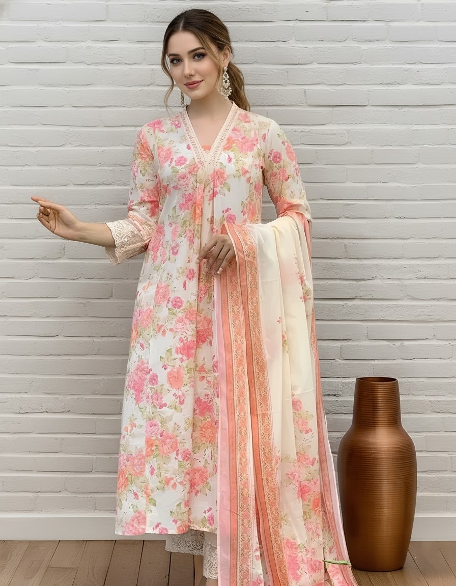 Elegant Floral Printed Kurta Set with Dupatta for 