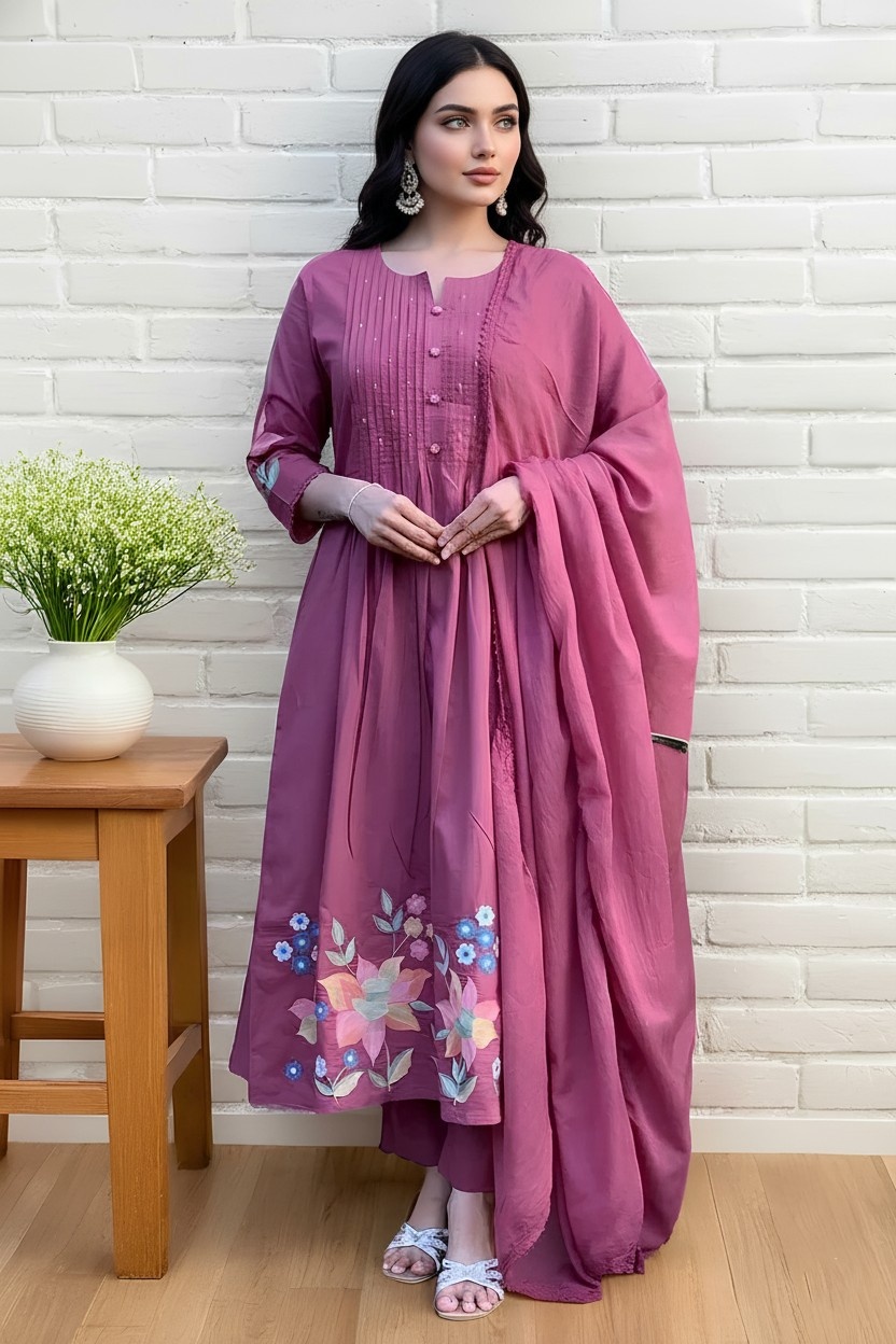 Elegant Pink Floral Embroidered Kurta Set with Dup