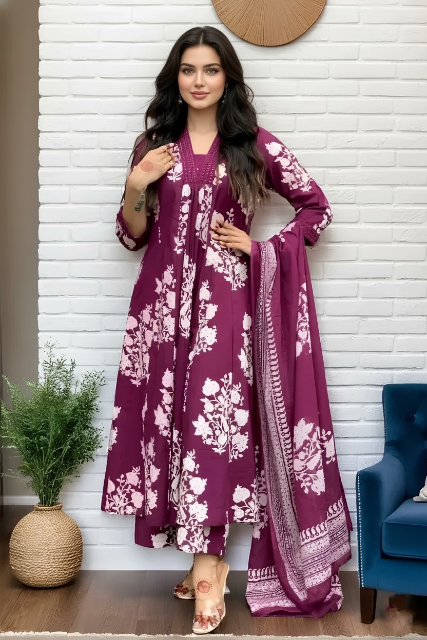 Elegant Wine Floral Printed Kurta Set with Dupatta
