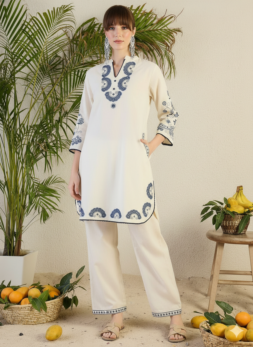 Elegant Cream Embroidered Kurta Set for Women